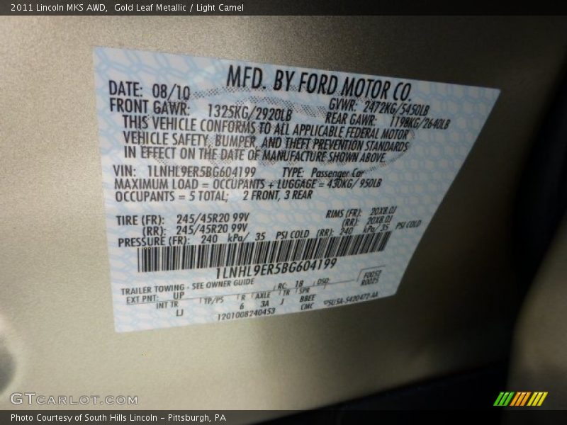 Gold Leaf Metallic / Light Camel 2011 Lincoln MKS AWD
