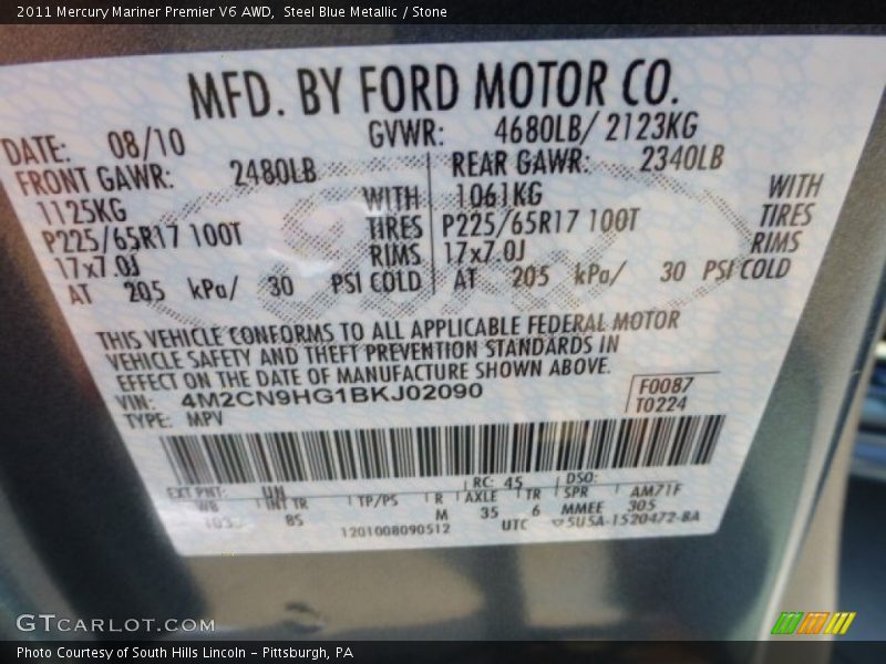 2011 Mariner Premier V6 AWD Steel Blue Metallic Color Code UN
