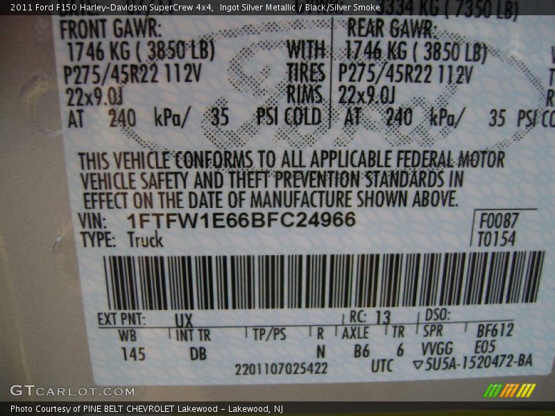 2011 F150 Harley-Davidson SuperCrew 4x4 Ingot Silver Metallic Color Code UX