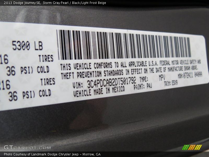 2013 Journey SE Storm Gray Pearl Color Code PAJ
