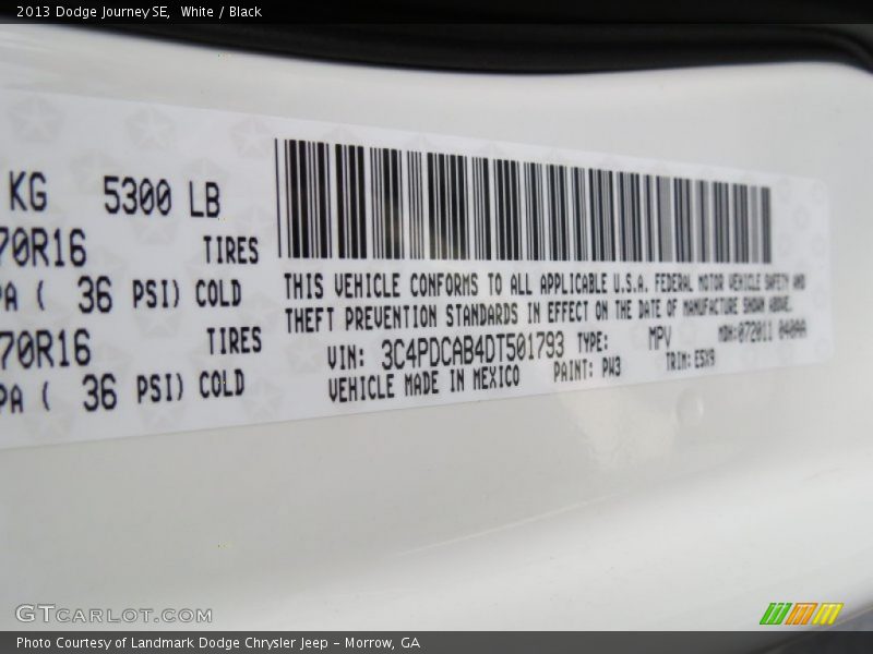 2013 Journey SE White Color Code PW3