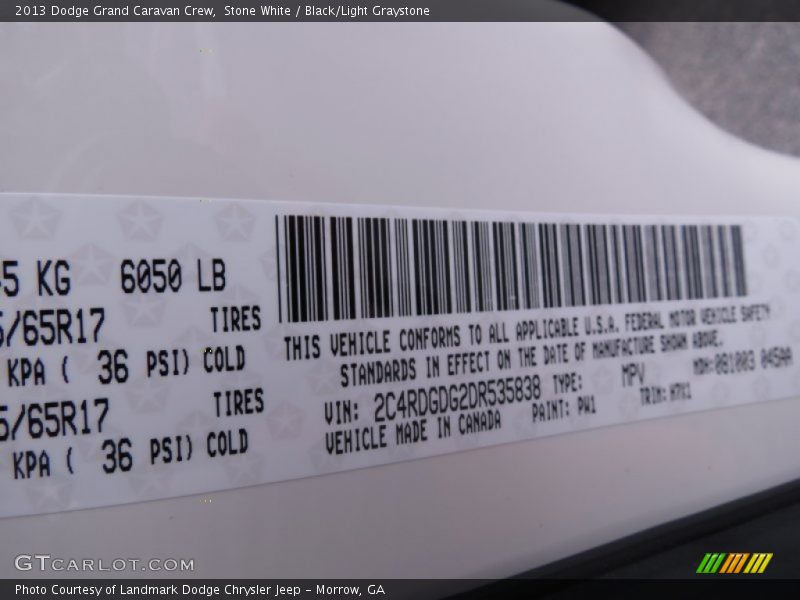 2013 Grand Caravan Crew Stone White Color Code PW1
