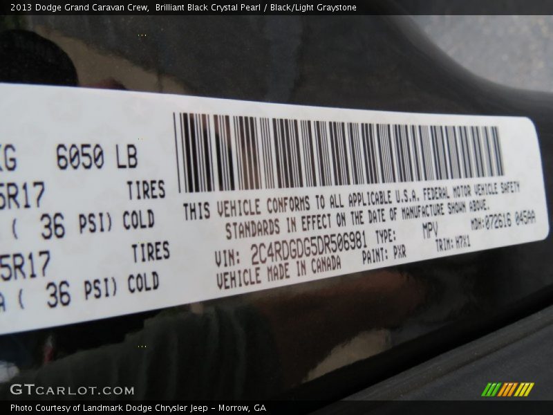 2013 Grand Caravan Crew Brilliant Black Crystal Pearl Color Code PXR