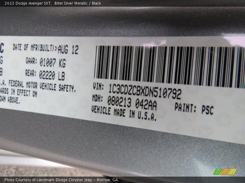 2013 Avenger SXT Billet Silver Metallic Color Code PSC