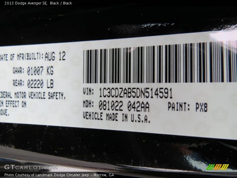 2013 Avenger SE Black Color Code PX8