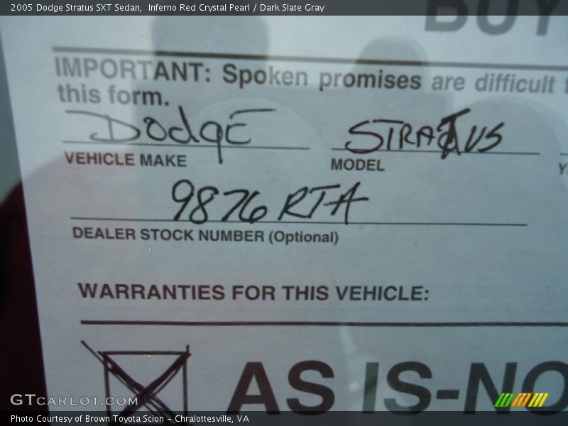 Inferno Red Crystal Pearl / Dark Slate Gray 2005 Dodge Stratus SXT Sedan