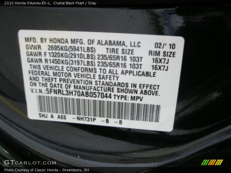 Crystal Black Pearl / Gray 2010 Honda Odyssey EX-L