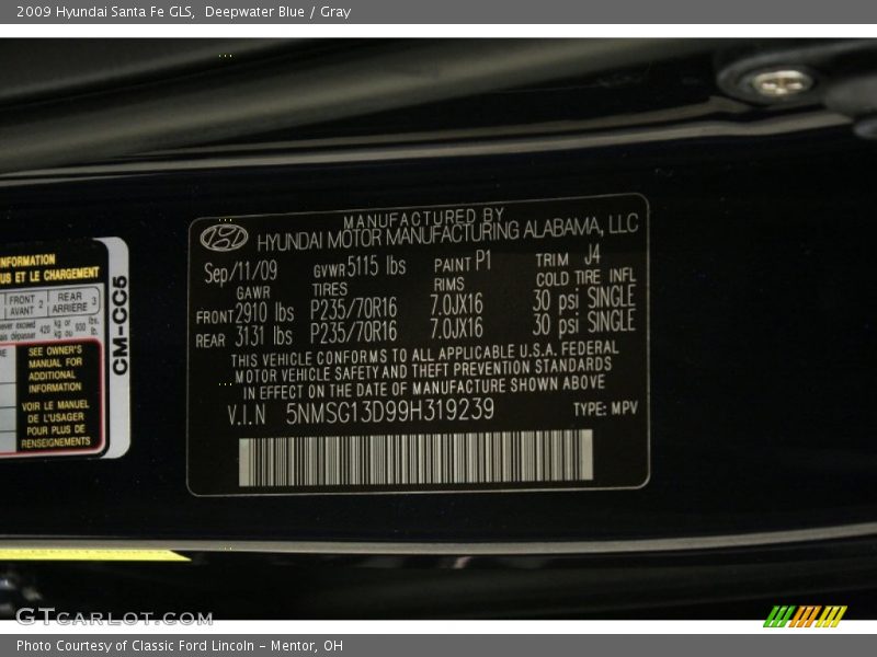 Deepwater Blue / Gray 2009 Hyundai Santa Fe GLS