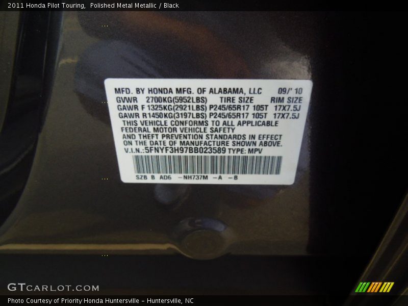 Polished Metal Metallic / Black 2011 Honda Pilot Touring