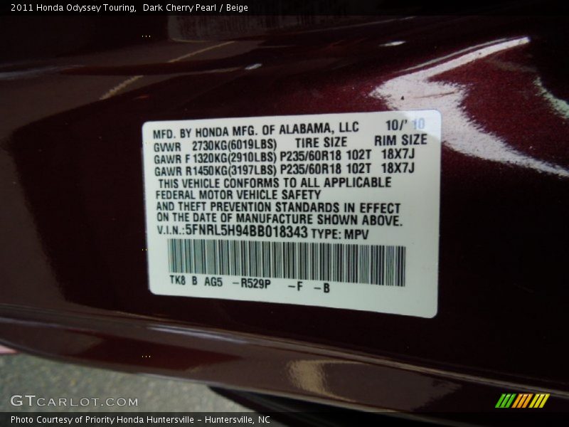2011 Odyssey Touring Dark Cherry Pearl Color Code R529P