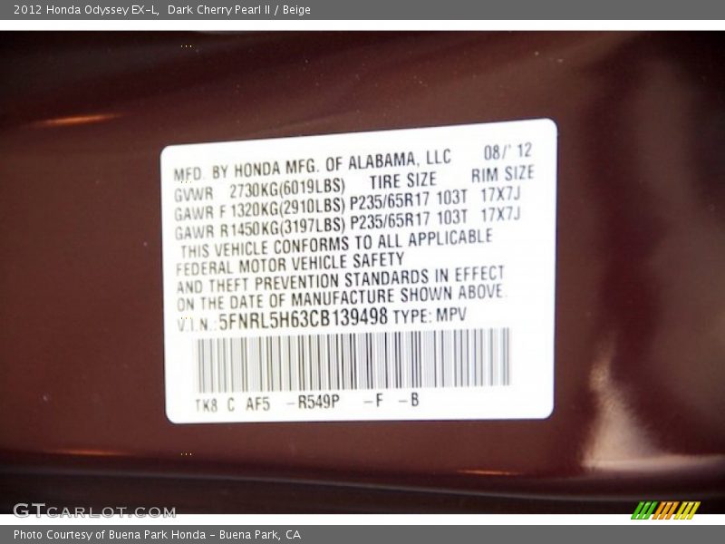 Dark Cherry Pearl II / Beige 2012 Honda Odyssey EX-L