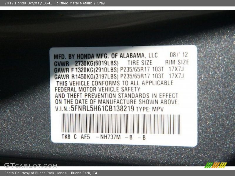 Polished Metal Metallic / Gray 2012 Honda Odyssey EX-L