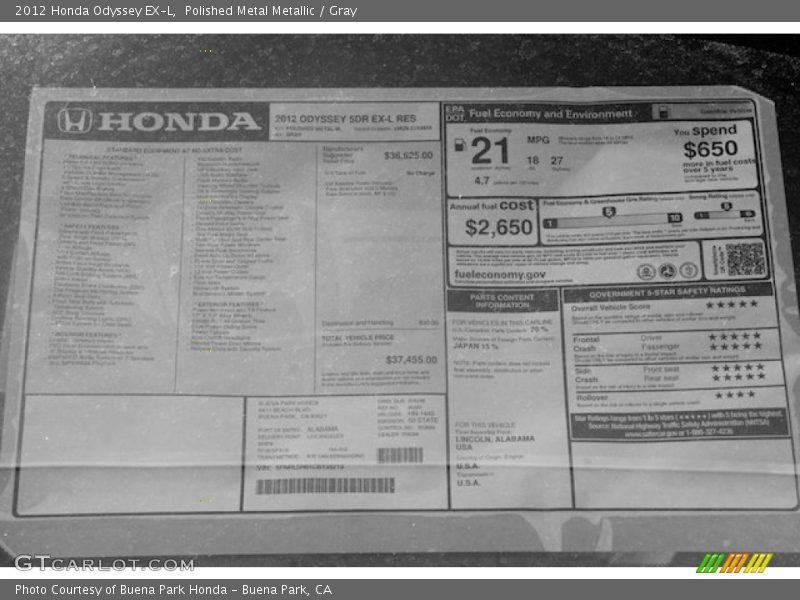 Polished Metal Metallic / Gray 2012 Honda Odyssey EX-L