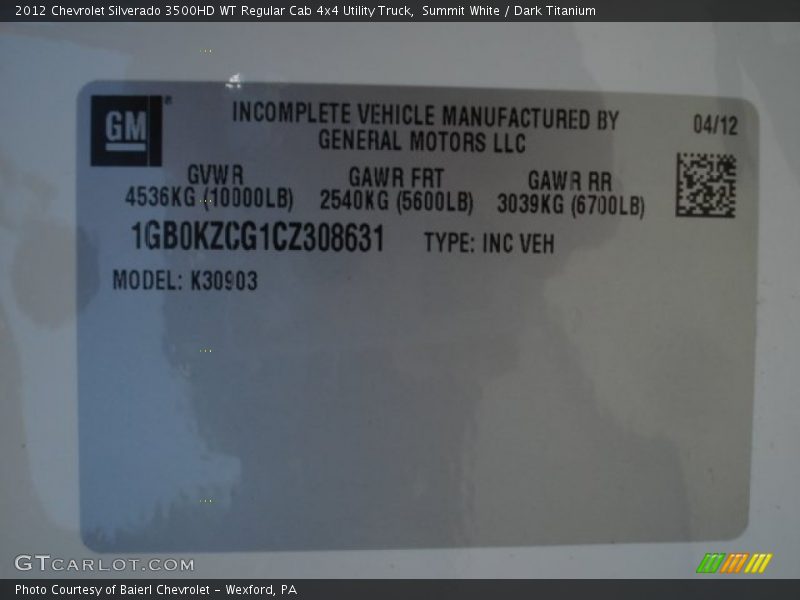 Summit White / Dark Titanium 2012 Chevrolet Silverado 3500HD WT Regular Cab 4x4 Utility Truck