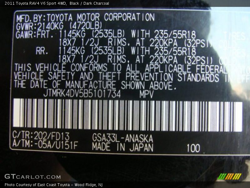 Black / Dark Charcoal 2011 Toyota RAV4 V6 Sport 4WD