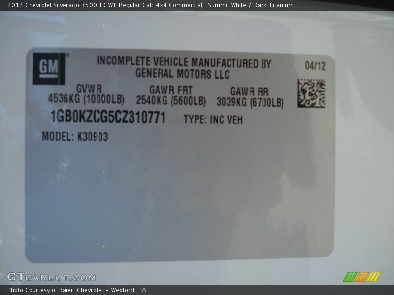 Summit White / Dark Titanium 2012 Chevrolet Silverado 3500HD WT Regular Cab 4x4 Commercial