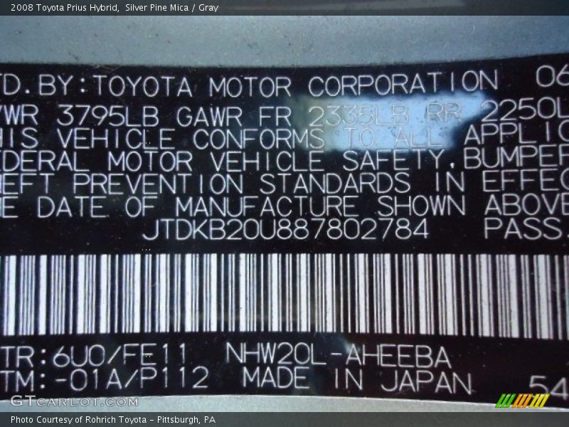 2008 Prius Hybrid Silver Pine Mica Color Code 6U0