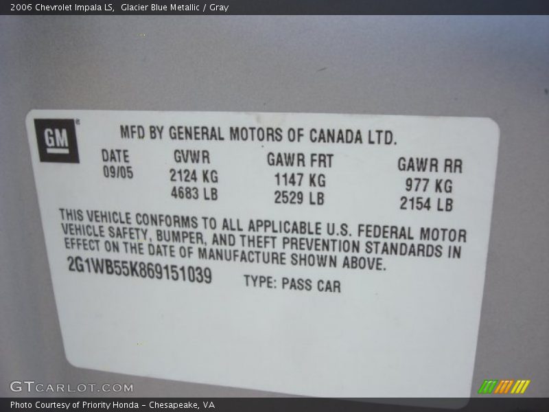 Glacier Blue Metallic / Gray 2006 Chevrolet Impala LS