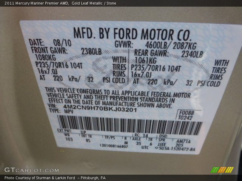 2011 Mariner Premier AWD Gold Leaf Metallic Color Code UP