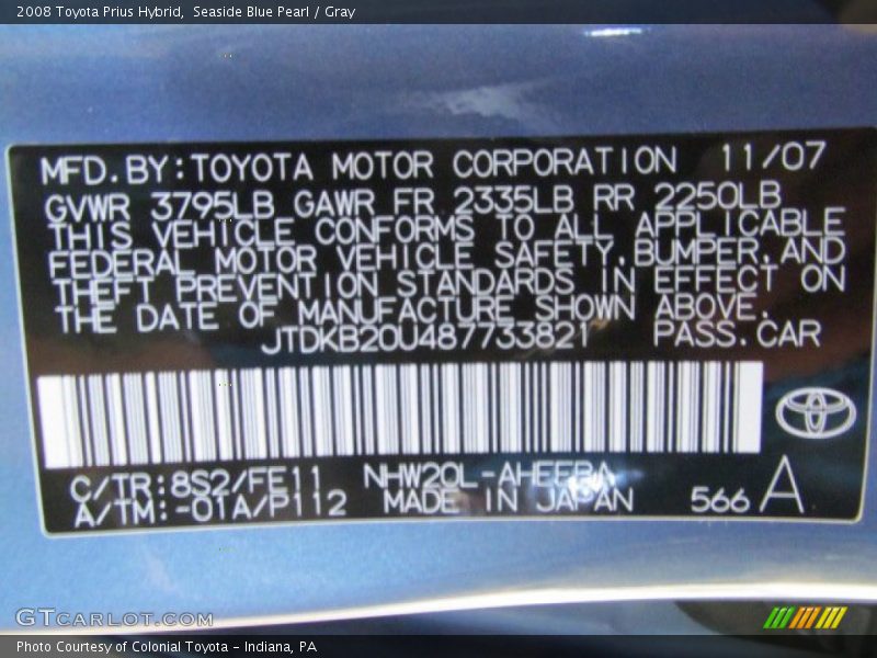 2008 Prius Hybrid Seaside Blue Pearl Color Code 8S2