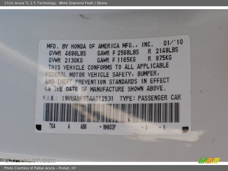 White Diamond Pearl / Ebony 2010 Acura TL 3.5 Technology