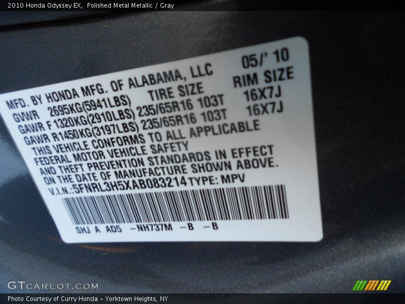Polished Metal Metallic / Gray 2010 Honda Odyssey EX