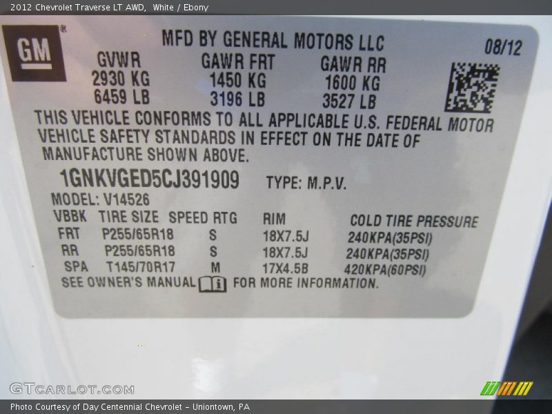 White / Ebony 2012 Chevrolet Traverse LT AWD