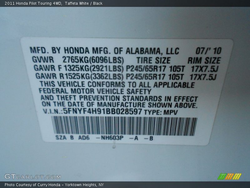 Taffeta White / Black 2011 Honda Pilot Touring 4WD