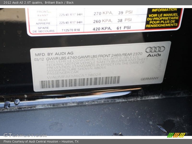 Brilliant Black / Black 2012 Audi A3 2.0T quattro