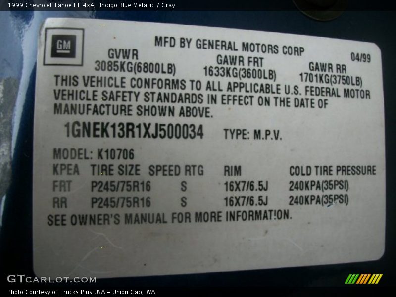 Indigo Blue Metallic / Gray 1999 Chevrolet Tahoe LT 4x4