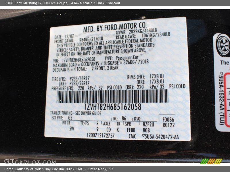 2008 Mustang GT Deluxe Coupe Alloy Metallic Color Code G5