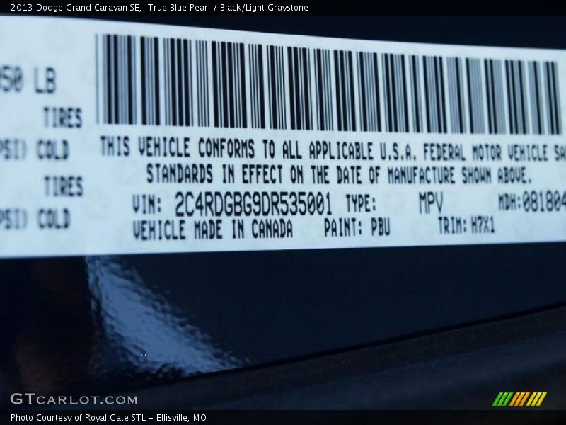 2013 Grand Caravan SE True Blue Pearl Color Code PBU