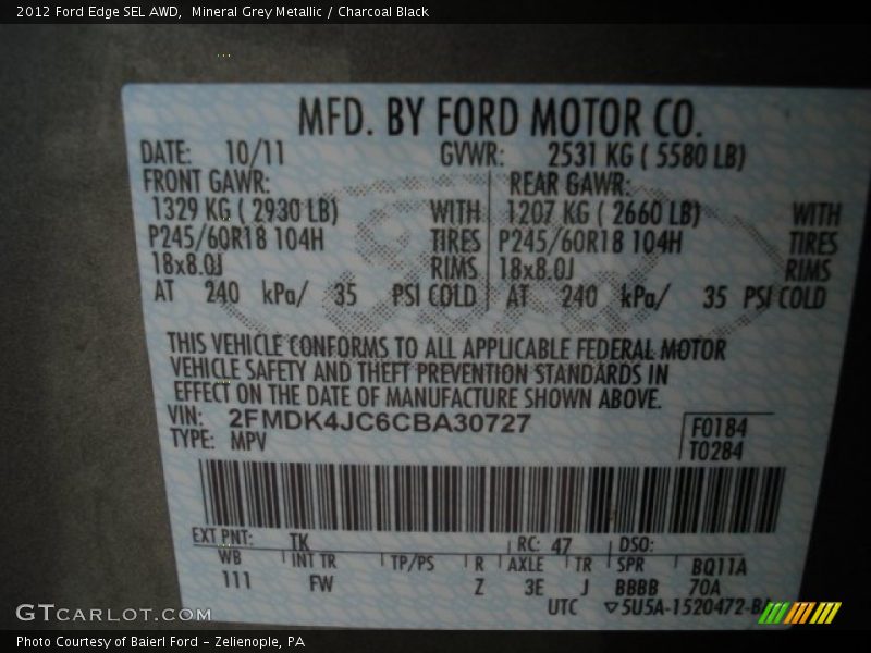 Mineral Grey Metallic / Charcoal Black 2012 Ford Edge SEL AWD