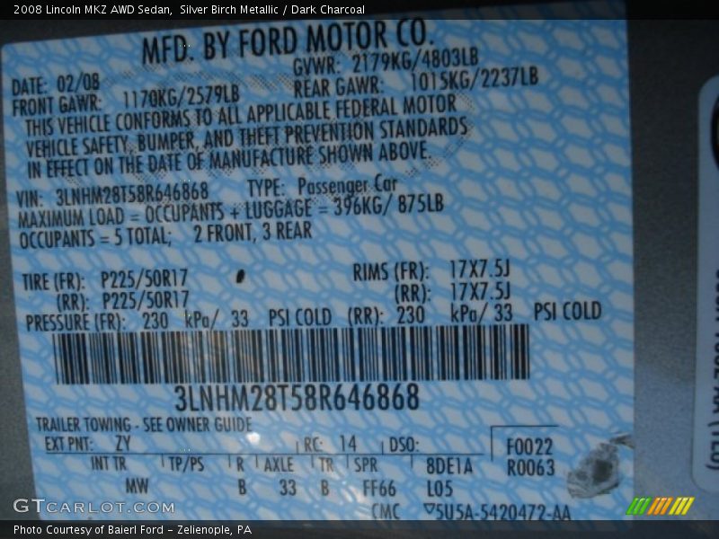 Silver Birch Metallic / Dark Charcoal 2008 Lincoln MKZ AWD Sedan