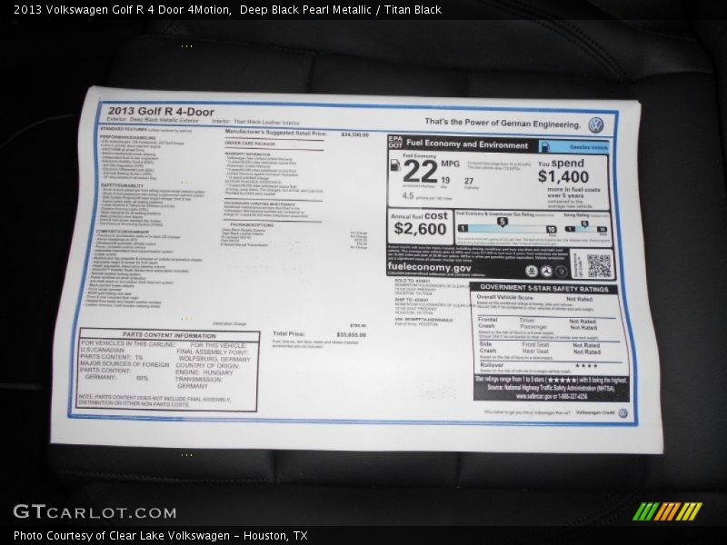  2013 Golf R 4 Door 4Motion Window Sticker