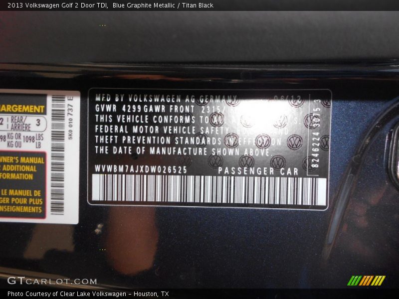 Blue Graphite Metallic / Titan Black 2013 Volkswagen Golf 2 Door TDI