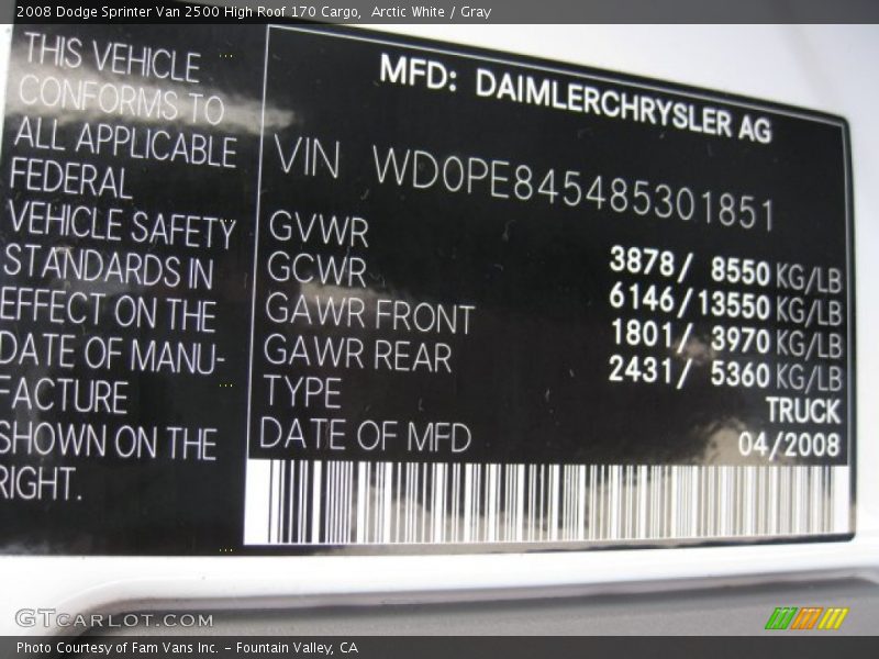 Arctic White / Gray 2008 Dodge Sprinter Van 2500 High Roof 170 Cargo