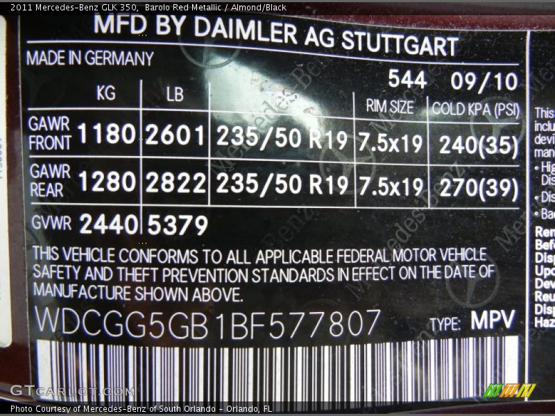 Barolo Red Metallic / Almond/Black 2011 Mercedes-Benz GLK 350