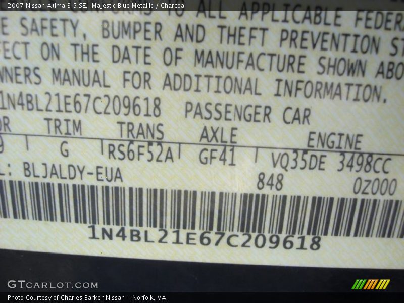 Majestic Blue Metallic / Charcoal 2007 Nissan Altima 3.5 SE