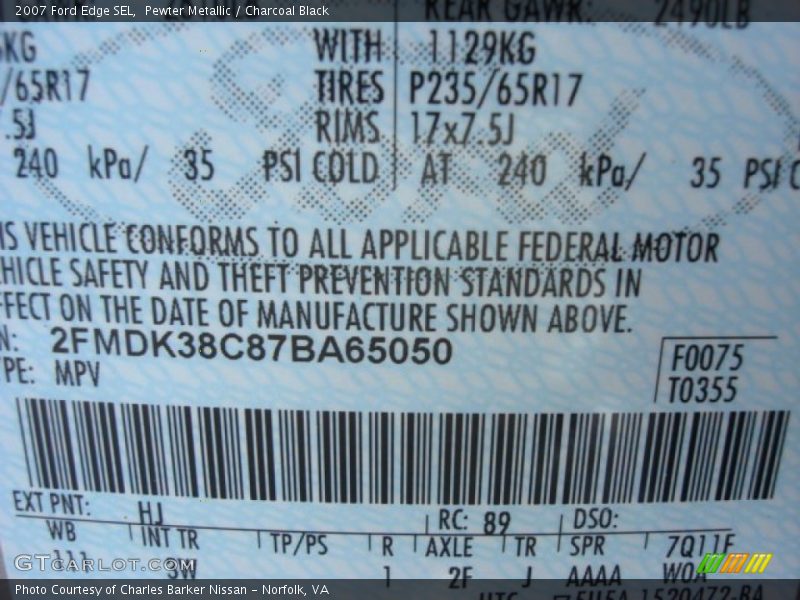 2007 Edge SEL Pewter Metallic Color Code HJ