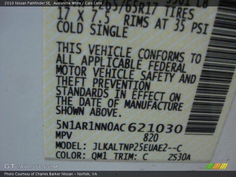 Avalanche White / Cafe Latte 2010 Nissan Pathfinder SE