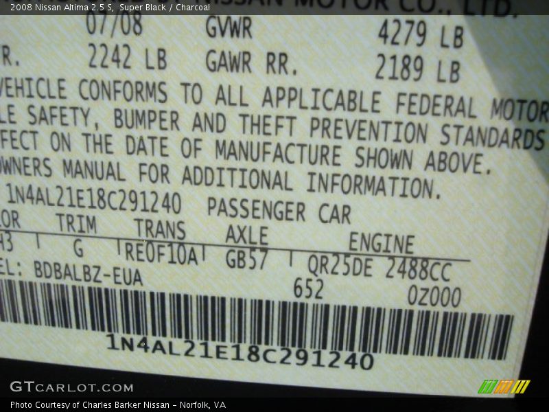 Super Black / Charcoal 2008 Nissan Altima 2.5 S