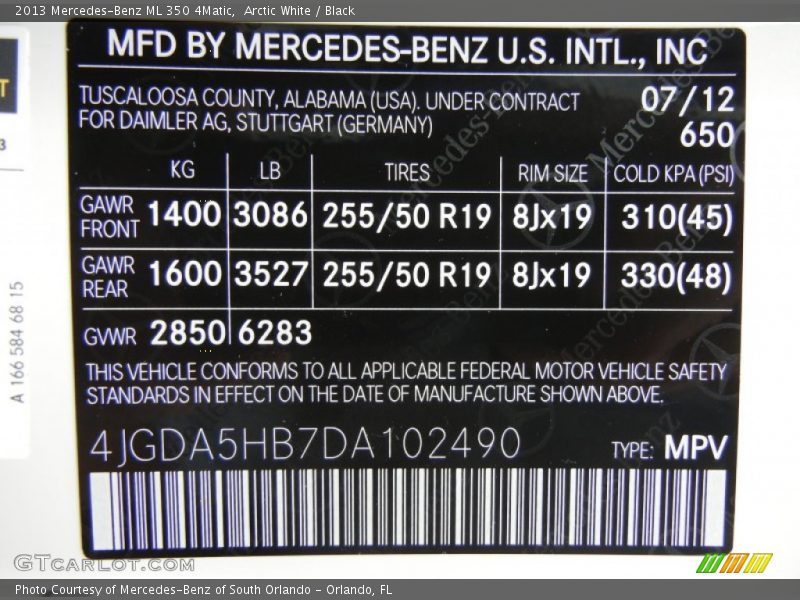 2013 ML 350 4Matic Arctic White Color Code 650