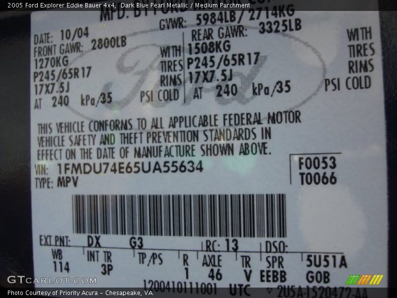2005 Explorer Eddie Bauer 4x4 Dark Blue Pearl Metallic Color Code DX