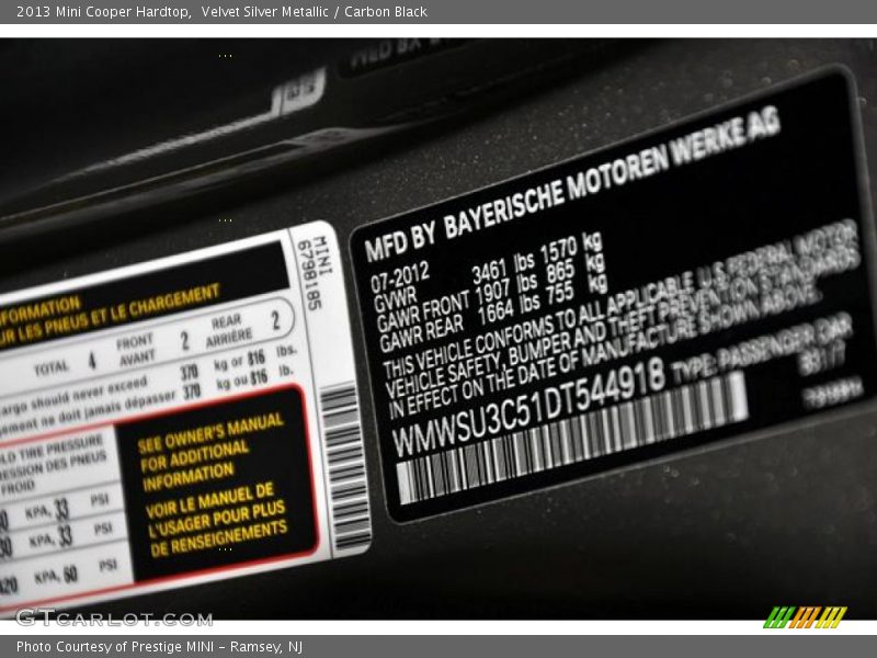 Velvet Silver Metallic / Carbon Black 2013 Mini Cooper Hardtop