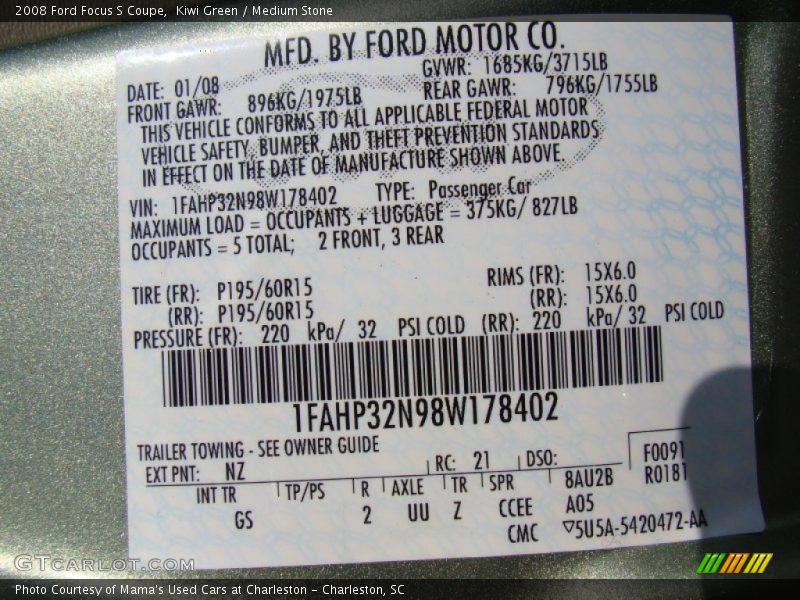 2008 Focus S Coupe Kiwi Green Color Code NZ