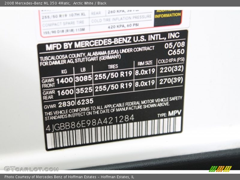 Arctic White / Black 2008 Mercedes-Benz ML 350 4Matic