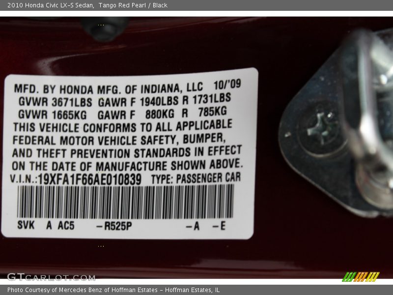 2010 Civic LX-S Sedan Tango Red Pearl Color Code R525P
