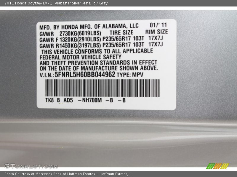 Alabaster Silver Metallic / Gray 2011 Honda Odyssey EX-L