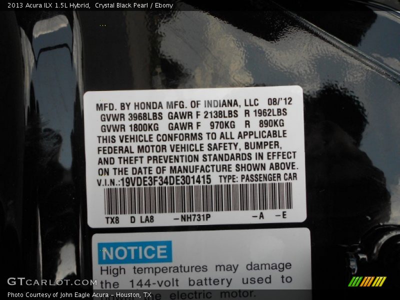 2013 ILX 1.5L Hybrid Crystal Black Pearl Color Code NH731P